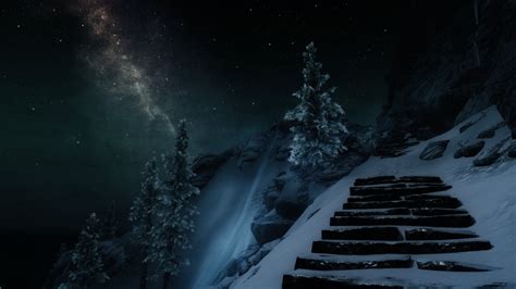 Skyrim Elder Scrolls Galaxy Stars Stairs Snow Hd Wallpaper Games