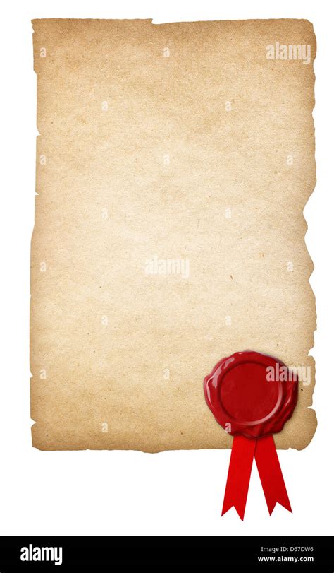 Old Paper With Wax Seal And Ribbon Isolated On White Background Stock
