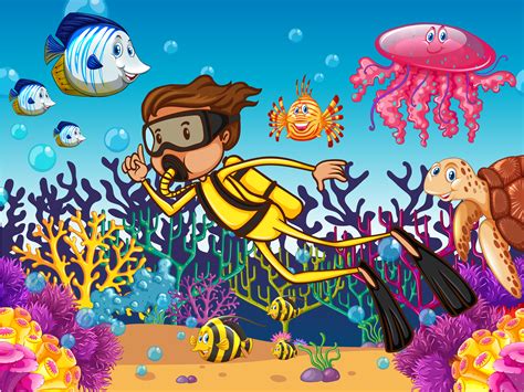 Diver Diving Underwater With Many Sea Animals Download