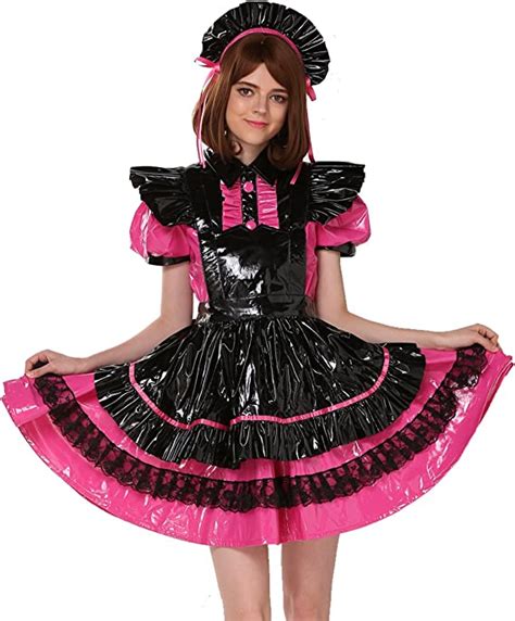 women french maid multicolor pink black pvc lockable dress crossdress clothing