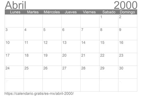 Calendario Abril 2000 De México En Español ☑️ Calendariogratis