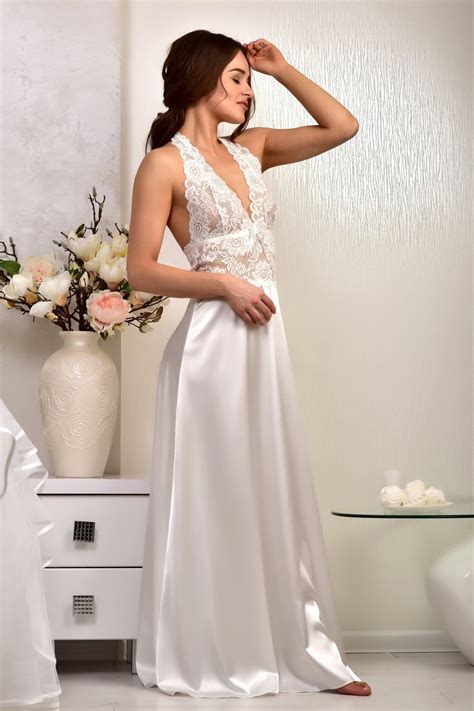 Ivory Honeymoon Lingerie Wedding Long Nightgown Bridal Satin Lace Nightgown Sexy Open Back