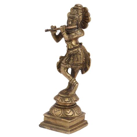 Brass Krishna Idol Statue Playing Flute For Worship