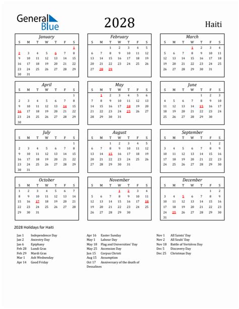 2028 Haiti Calendar With Holidays