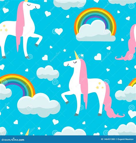 Cute Unicorns Clouds And Rainbows Seamless Pattern Vector Illustration
