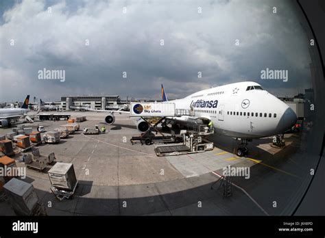 Lufthansa Boeing 747 8 Jumbo Jet At The Gate Stock Photo Alamy