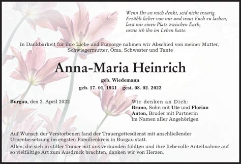 Traueranzeigen Von Anna Maria Heinrich Augsburger Allgemeine Zeitung