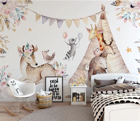 Papier peint chambre enfant bébé biches. Une belle aventure qui