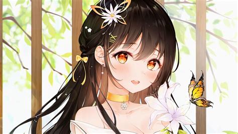 Yellow Eyes Black Hair Yellow Butterfly White Flowers Hd Anime Girl