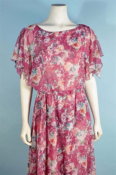 Vintage 70s Pink Floral Midi Dress Flutter Sleeves Smdefault Title In