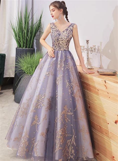 Purple V Neckline With Gold Lace Applique Tulle Prom Dress A Line
