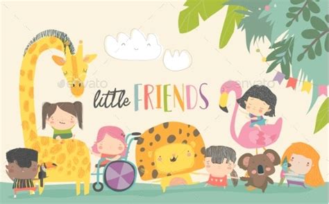 Children With Cartoon Animal Happy Friends Vectors Graphicriver