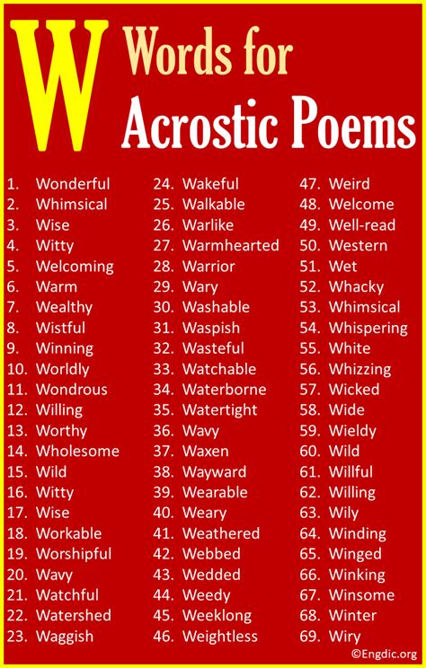 W Words For Acrostic Poems 100 Words Engdic