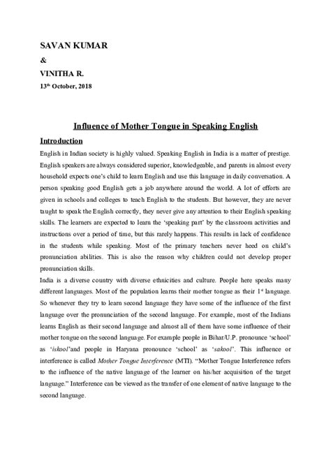 Doc Influence Of Mother Tongue In Speaking English Savan Kumar
