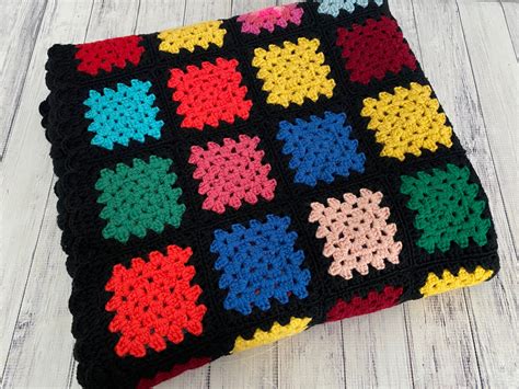 Vintage Granny Square Afghan Crocheted In Black Wool With Red Etsy