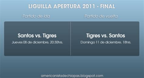 Se han dado a conocer los horarios de la gran final del futbol mexicano entre tigres de la uanl y el santos laguna, el encuentro de ida que se jugara en el estadio corona de torreon coahuila se llevara a cabo el proximo jueves 8 de diciembre del 2011 a las 20:30 horas y el partido de vuelta que se. Santos Vs. Tigres, La Final del Apertura 2011 | Ximinia