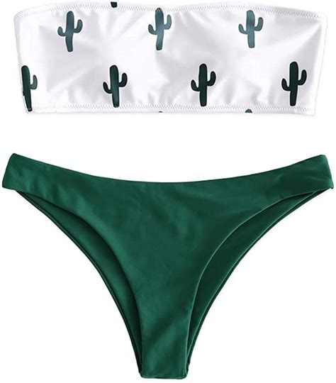 Zaful Womens Swimsuits Cactus Print Tube Strapless Bandeau Bikini Set
