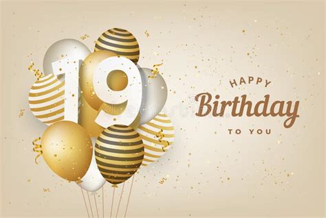 Happy 19th Birthday With Gold Balloons Greeting Card Background Stock