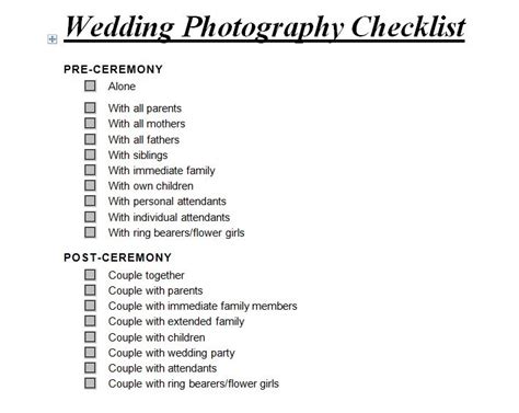 Wedding Photography Checklist Printable