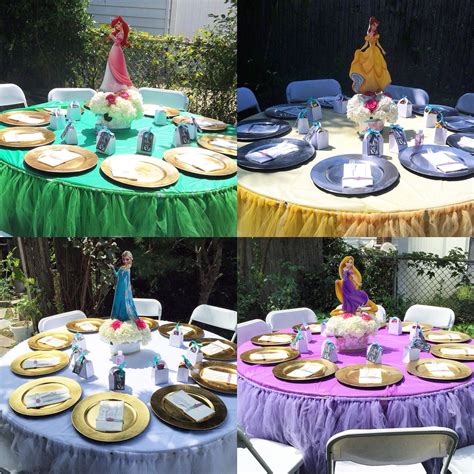 We accept table skirting and flower arrangements for all occasions. Disney princess table settings. Gold and silver charger ...