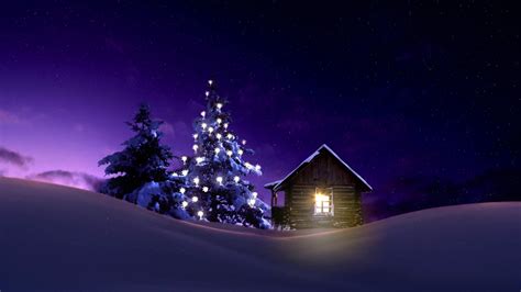 1366x768 Christmas Lighted Tree Outside Winter Cabin 1366x768