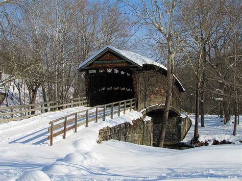 Covered Bridge In Winter Old Bridges Wooden Bridge Over The River