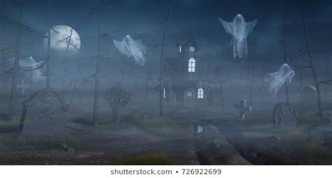 Cabin Graveyard Spooky Misty Forest Night Stock Illustration 726922699
