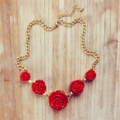 Items Similar To Jewelry Set Red Rose Flower Necklace Red Statement