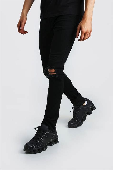 Mens Super Skinny Jeans With Busted Knee Boohoo Uk