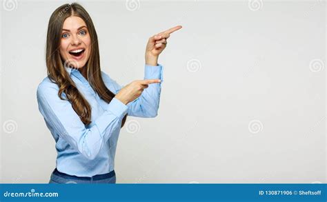 Smiling Business Woman Pointing Finger At Copy Space Stock Photo