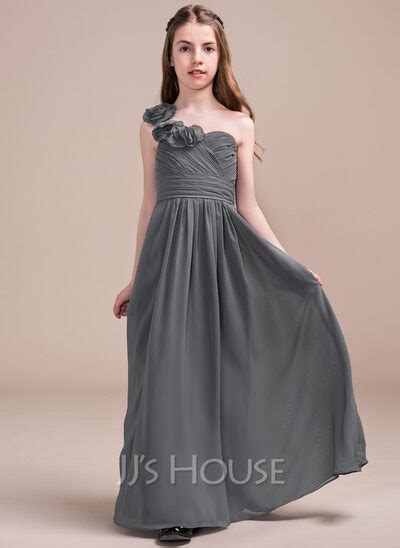 A Line One Shoulder Floor Length Chiffon Junior Bridesmaid Dress With