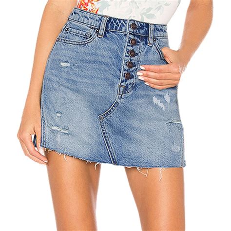Women Blue Denim Jeans Solid Casual Hole Summer Button Short Mini Skirt