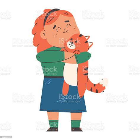 Girl Hugging Cat Vector Cartoon Illustration Isolated On A White