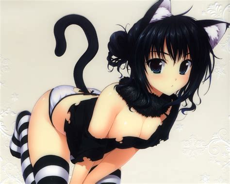 Wallpaper Nekomimi Anime Girls Cat Girl Tail Stockings Cartoon Black Hair Thigh Highs