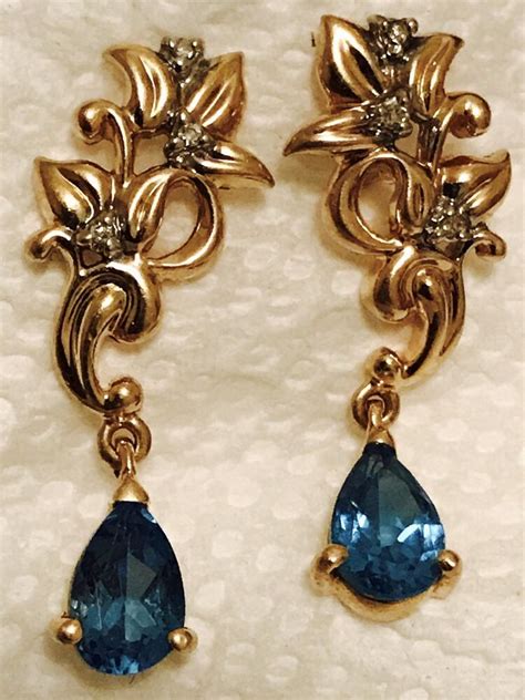 14k Yellow Gold Blue Topaz And Diamond Dangle Earrings Dropdangle