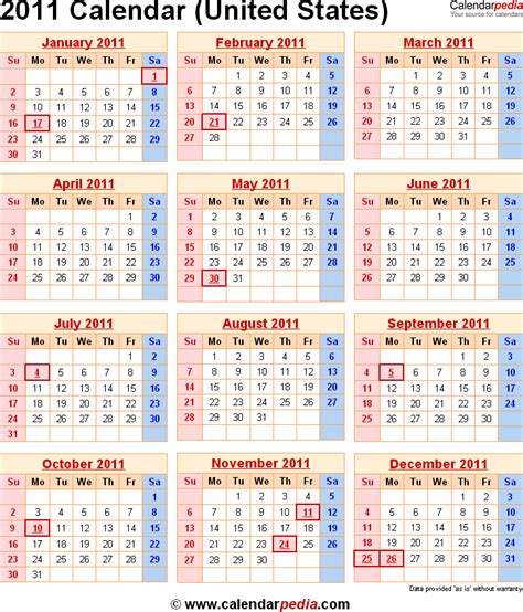2011 Calendar For The Usa With Us Federal Holidays