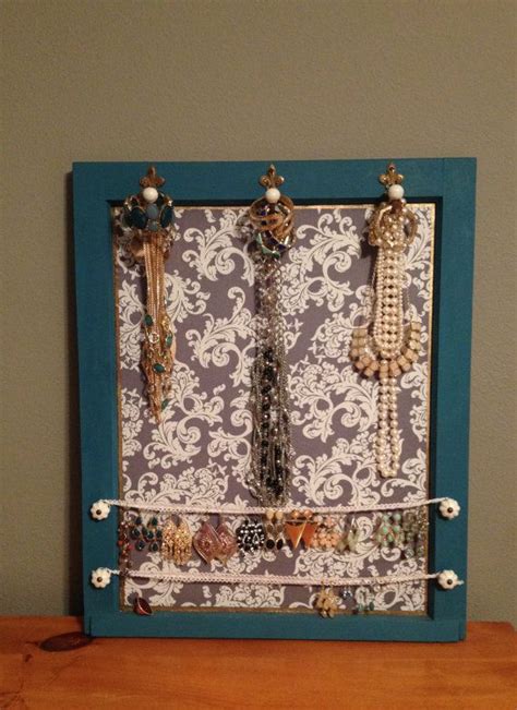 Vintage Window Frame Jewelry Organizer In Blue Grey And Bronze Frame