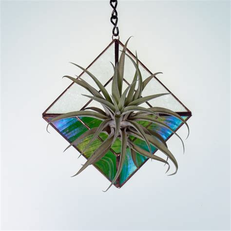 Diamond Hanging Stained Glass Air Plant Holder Green Blue Copper