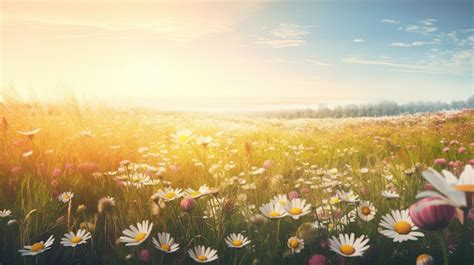 Premium Photo Field Of Daisies In The Sunset