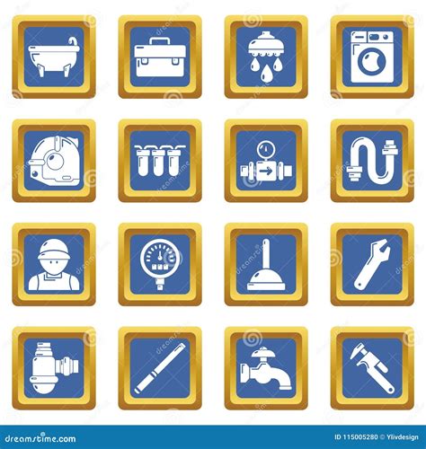 Plumber Symbols Icons Set Blue Square Vector Stock Vector