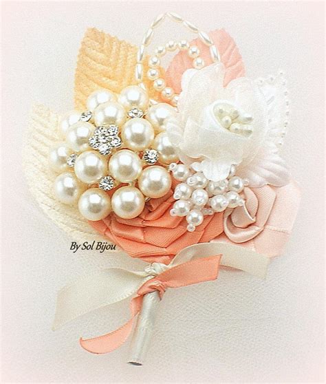 Brooch Boutonniere Peach Boutonniere Coral Ivory Bout Blush Groom