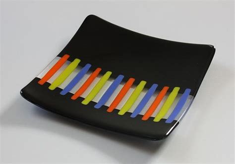 Fused Glass Plate Black With Stripes 8 Inch Square Fused Glass