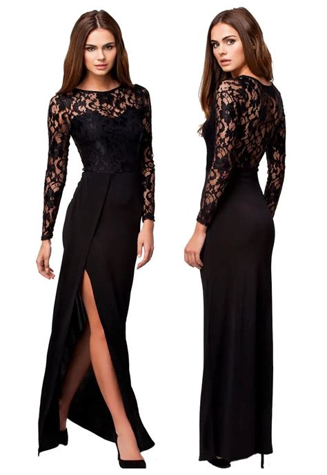 Black Lace Long Dress Sexy High Slit Women Elegant Long Sleeve Maxi Dresses 2015 Vestido Casual