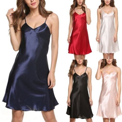 Women Sexy Silk Satin Night Gown Cami Sleeveless Nightdress Lace Sleep