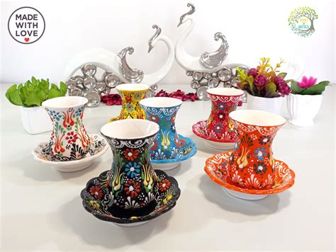 Turkish Ottoman Tea Ceramic Cups Set Of 6 Colorful Handpainted Lead