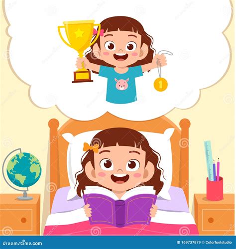 Happy Cute Little Kid Girl Read Book And Dreaming Stock Vector