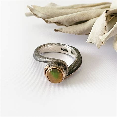 Bora Handcrafted Ring Opal Oxidized Sterling Silver Bronze 14kt Gold