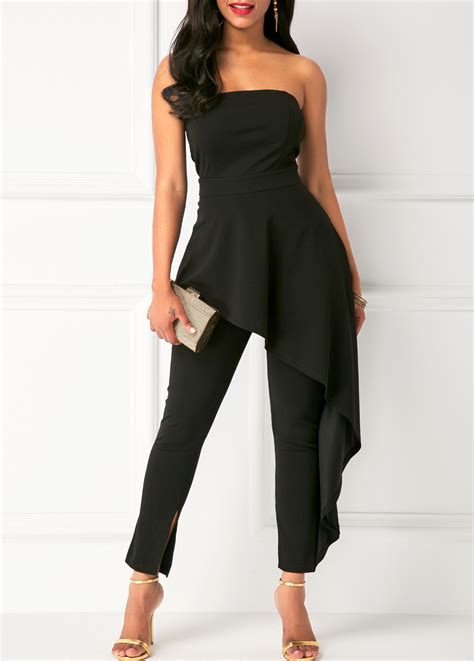 High Waist Ruffle Overlay Strapless Black Jumpsuit Fashion Design Store
