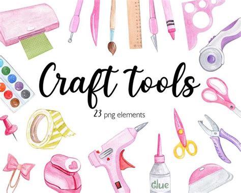 Craft Tools Clipart Watercolor Pink Scrapbook Supplies Etsy In 2021