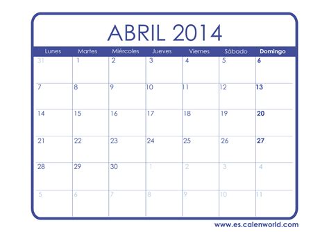 Calendario Abril 2014 En Blanco Paraimprimirgratis Co